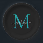 Chic Black Teal Green Monogram Modern Script Name Paper Plate<br><div class="desc">Simple Modern Black Teal Green Monogram Modern Feminine Script Name Paper Plate</div>