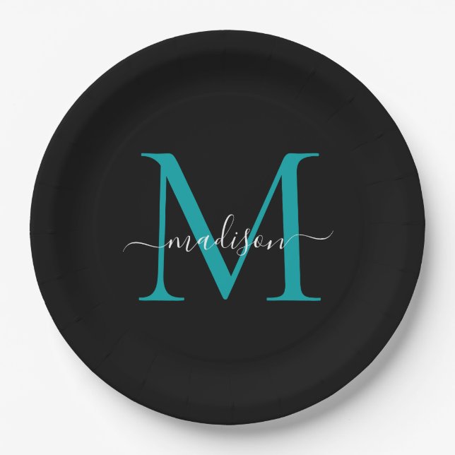 Chic Black Teal Green Monogram Modern Script Name Paper Plate (Front)