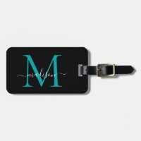 Chic Black Teal Green Monogram Script Name Stylish