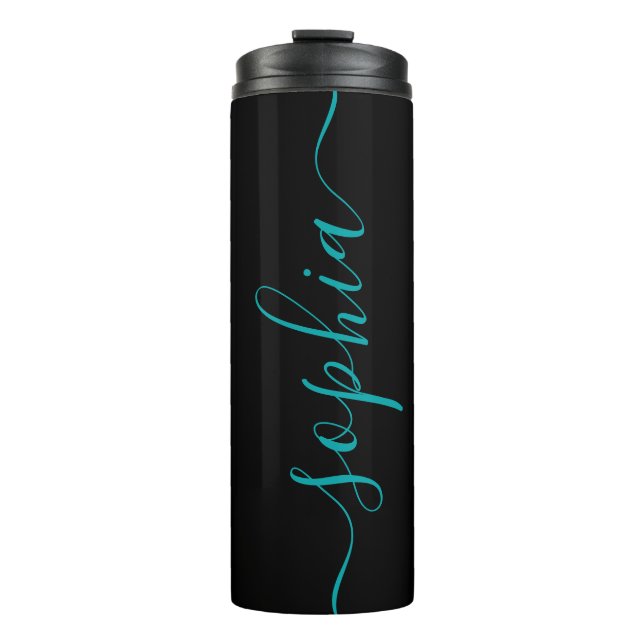 Chic Black Teal Green Script Name Thermal Tumbler (Front)