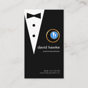 Chic Black Tuxedo Gold Boutonniere Bartender Logo Business Card