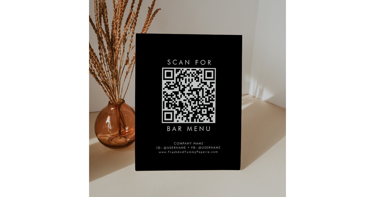 Chic Black Typography Bar Menu QR Code Pedestal Sign | Zazzle