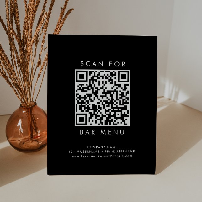 Chic Black Typography Bar Menu QR Code Pedestal Sign (Creator Uploaded)