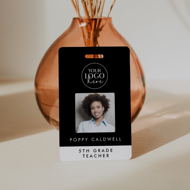 Chic Black Typography Logo Photo Employee Teacher ID Badge (Creator Uploaded)