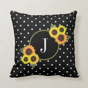 Chic Black Vintage Flowers Polka Dots Monogram Cushion