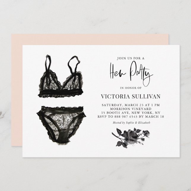 Chic Black Watercolor Lace Lingerie Hen Party Invitation (Front/Back)