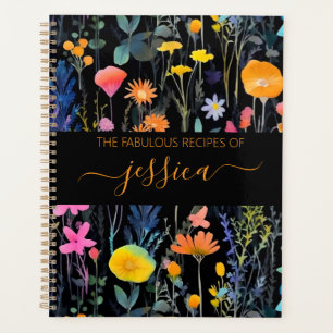 Chic black watercolor wildflowers name Recipe Planner