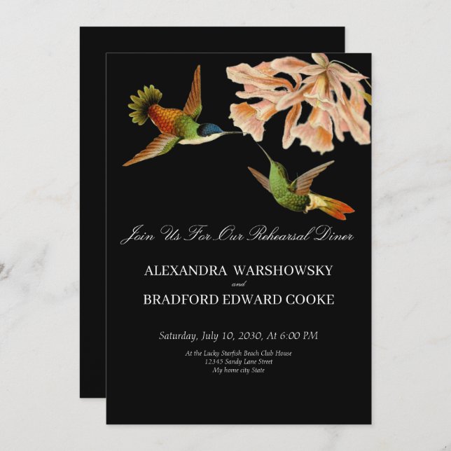 Chic Black Wedding Hummingbird Rehearsal Dinner  (Front/Back)