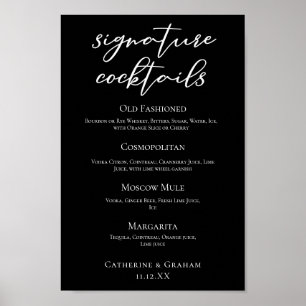 Chic Black Wedding Signature Cocktails Bar Menu Poster