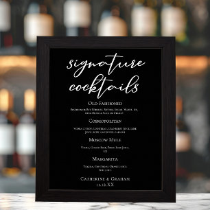 Chic Black Wedding Signature Cocktails Bar Menu Poster