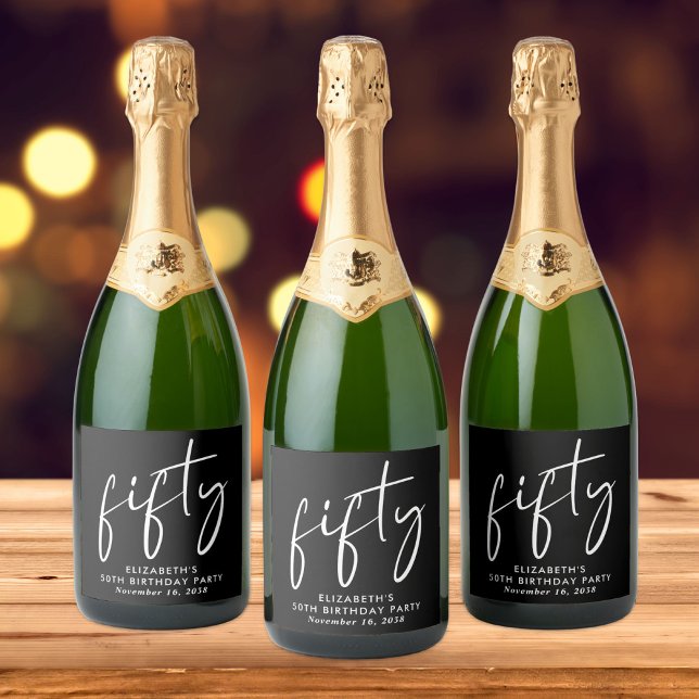 Chic Black White 50th Birthday Party Sparkling Wine Label (Creator Uploaded)
