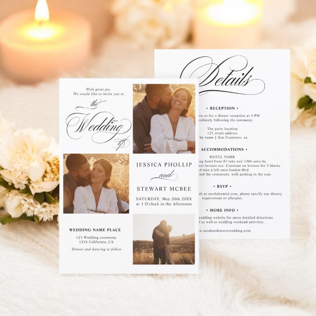 Chic black white all in one script photos wedding  invitation (Chic black white all in one script photos wedding invitation)
