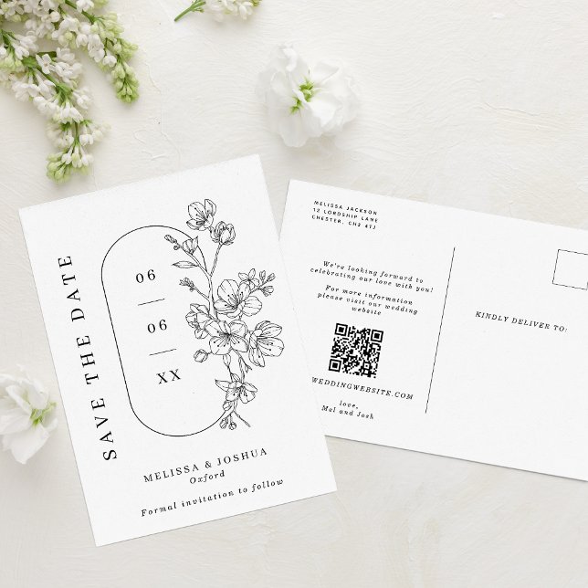 Chic Black & White Blossoms Wedding Save the Date Announcement Postcard (Creator Uploaded)
