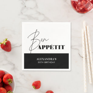 Chic Black White Bon Appétit Script Birthday Napkin