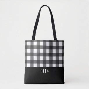 Chic Black White Buffalo Plaid with Monogram Tote Bag