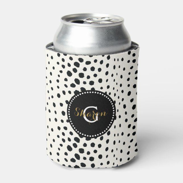 Chic black white cheetah print pattern monogram can cooler (Can Front)