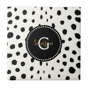 Chic black white cheetah print pattern monogram ceramic tile