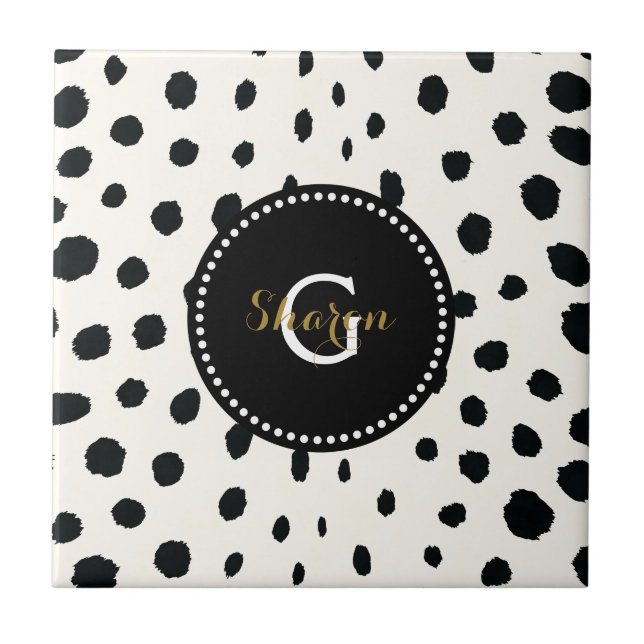 Chic black white cheetah print pattern monogram ceramic tile (Front)