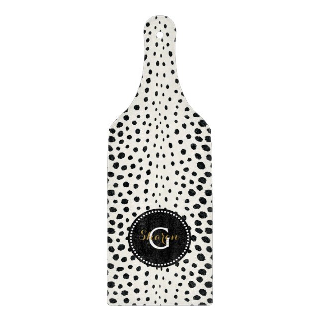 Chic black white cheetah print pattern monogram cutting board (Front)