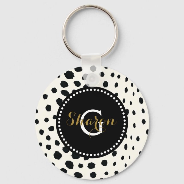 Chic black white cheetah print pattern monogram key ring (Front)