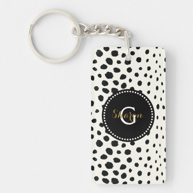 Chic black white cheetah print pattern monogram key ring (Front)