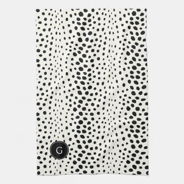 Chic black white cheetah print pattern monogram tea towel (Vertical)