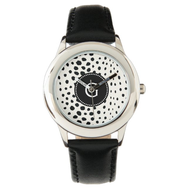 Chic black white cheetah print pattern monogram watch (Front)