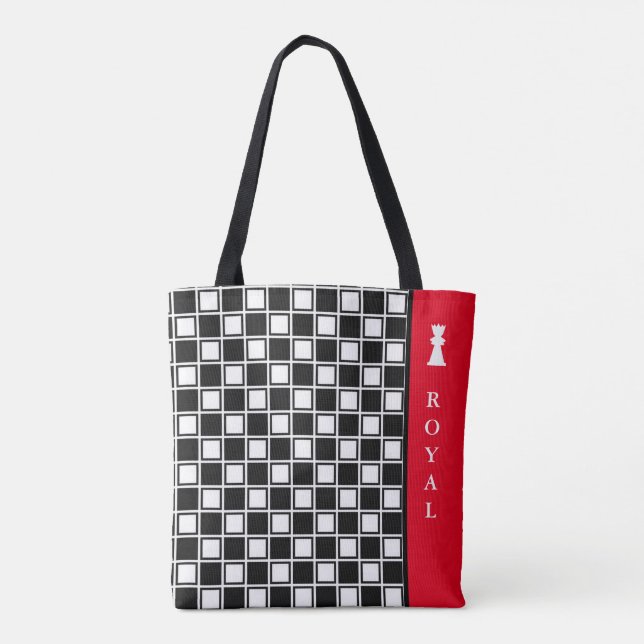 Chic black, & white chequered & calligraphy tote bag (Back)