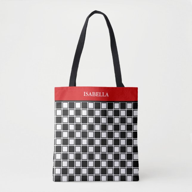 Chic black white chess pattern and red band tote bag (Front)