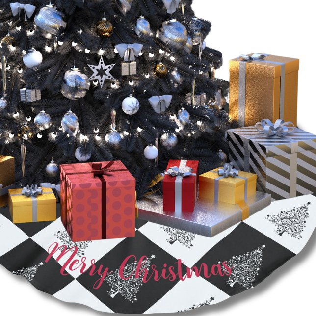 Chic Black White Christmas Trees Chequered Pattern Brushed Polyester Tree Skirt (Creator Uploaded)