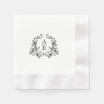 Chic Black & White Crest Monogram Wedding Napkin