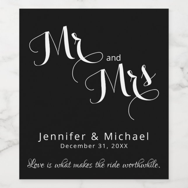 Chic Black & White Custom Wedding Wine Bottle Label (Single Label)