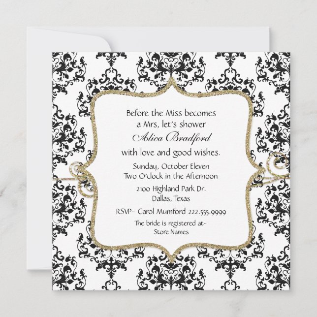 Chic Black & White Damask Bridal Shower Invitation (Front)