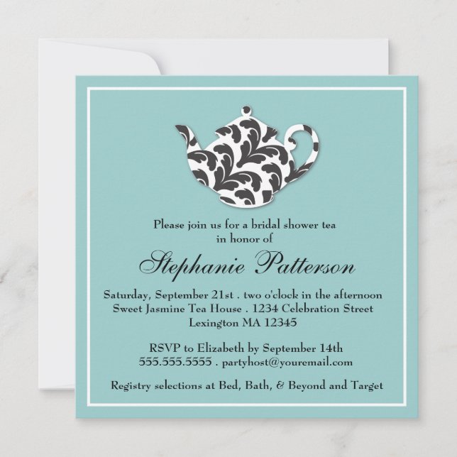 Chic Black & White Damask Bridal Shower Tea Party Invitation (Front)