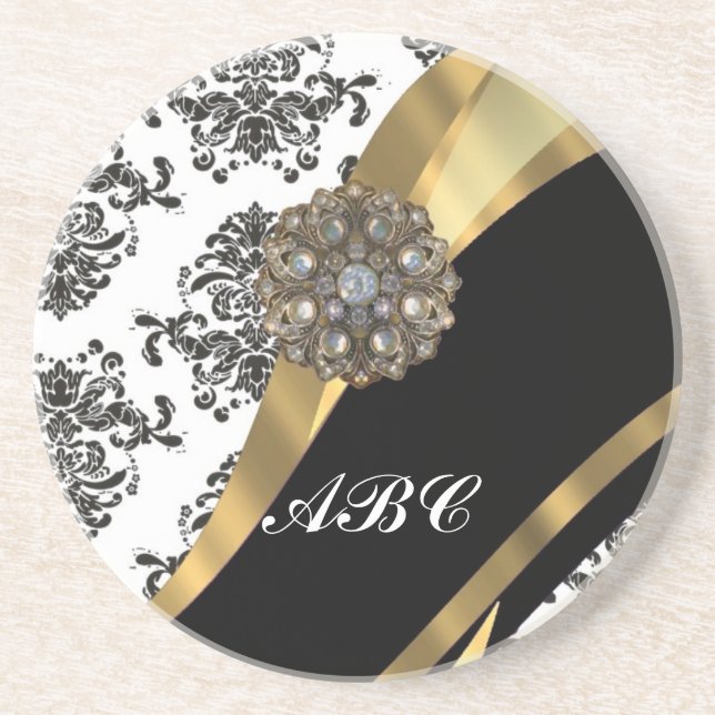 Chic black & white damask & gold coaster (Front)