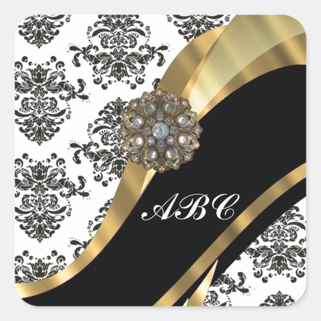Chic black & white damask & gold square sticker (Front)
