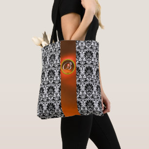 CHIC BLACK WHITE DAMASK ,ORANGE GEMSTONE MONOGRAM TOTE BAG