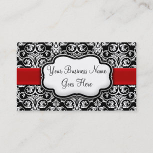 Chic Black/White Damask Red Ribbon Business Card