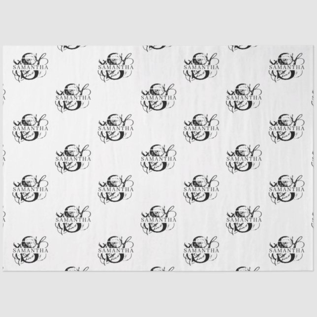 Chic Black & White Distressed Script Monogram Tissue Paper (Front)