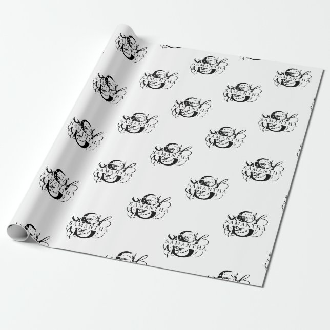 Chic Black & White Distressed Script Monogram Wrapping Paper (Unrolled)