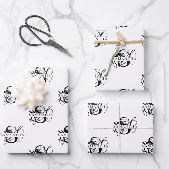 Chic Black & White Distressed Script Monogram Wrapping Paper Sheet (Front)