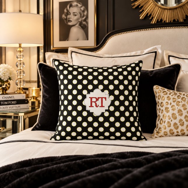 Chic Black White Dot Monogram Throw Pillow (Chic Retro Monogrammed Pin Dot Decorative Pillow )
