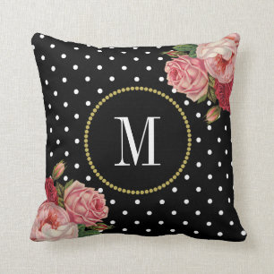 Chic Black White Dots Vintage Floral Monogram Cushion