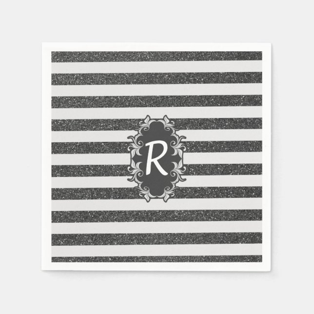 Chic black white faux glitter stripes monogram napkin (Front)