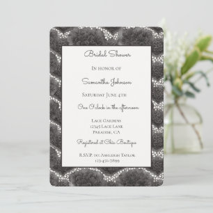 Chic Black White Faux Lace Floral Bridal Shower   Invitation