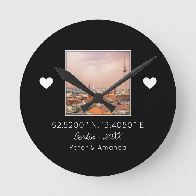 Chic Black & White First Date Keepsake Boyfriend Round Clock (Front)