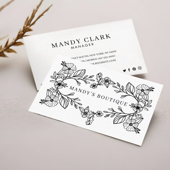 Chic Black & White Floral Botanical Floral Wreath  Business Card (Chic Black & White Floral Botanical Floral Wreath Business Card)