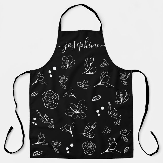 Chic Black White Floral Minimal personalised Apron (Front)