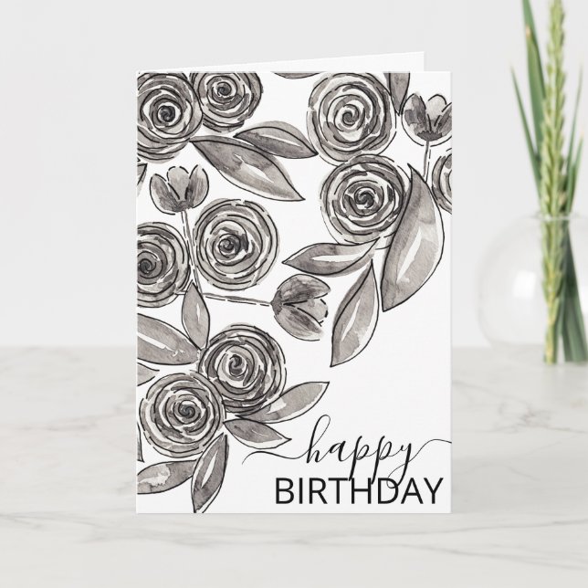 Chic Black White Floral Watercolor Happy Birthday Card (Front)