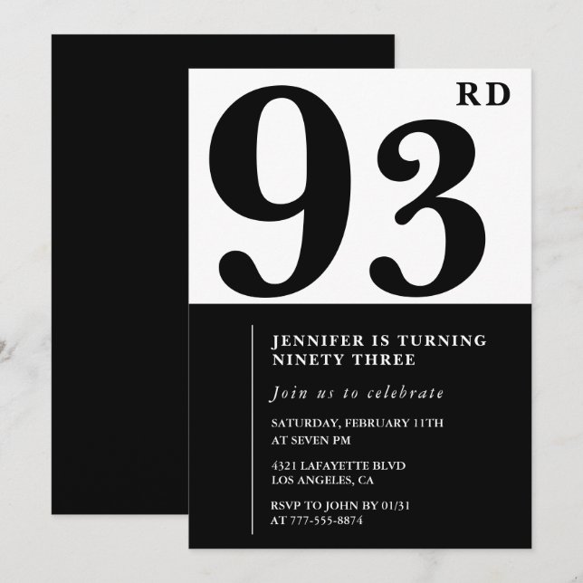 Chic Black White for her 93rd birthday Invitation (Front/Back)
